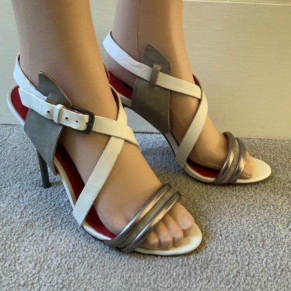 Charles Jourdan White and Gray Strappy Heels - Picture 1 of 9